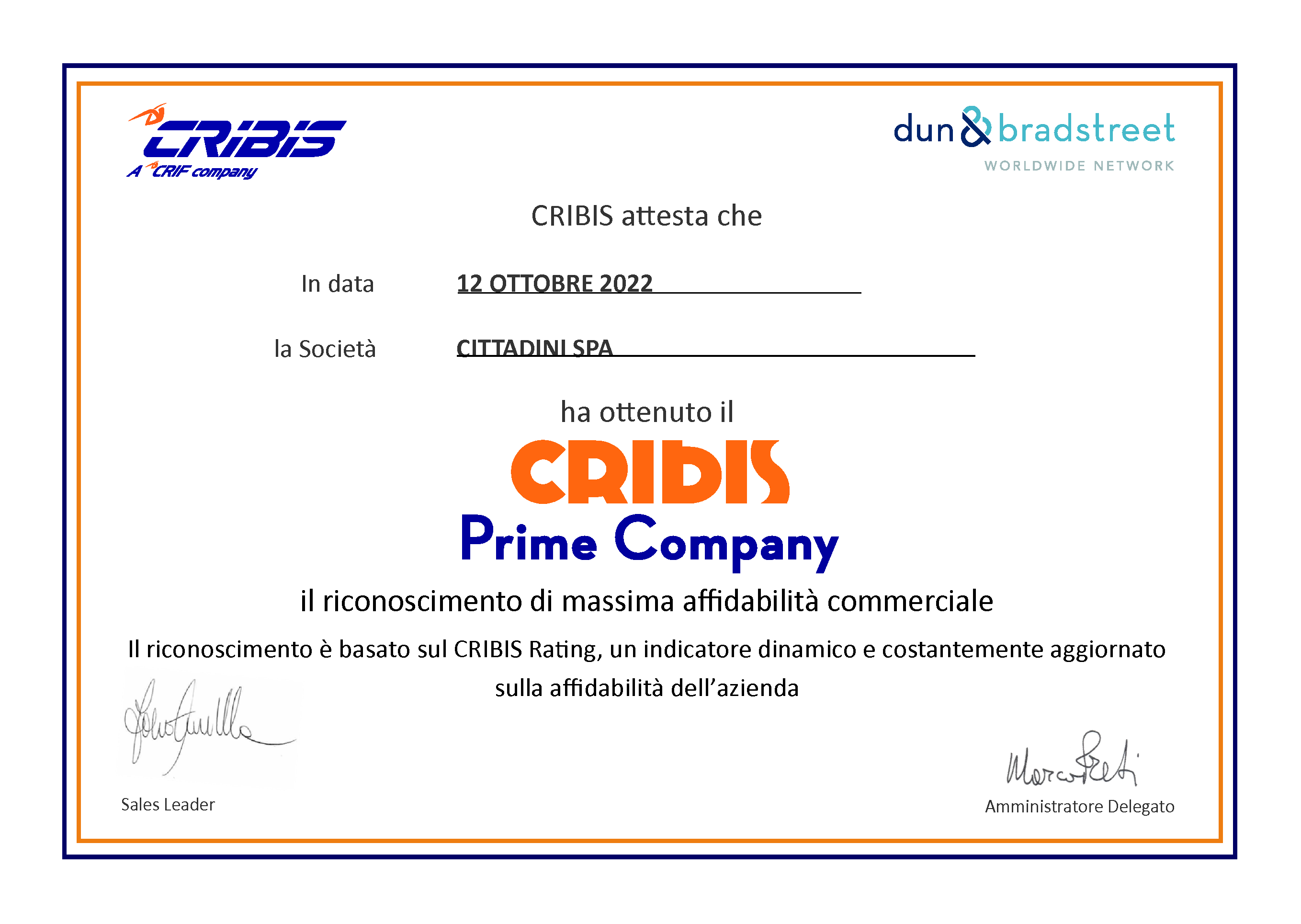 Auszeichnug "CRIBIS Prime Company" - Cittadini spa