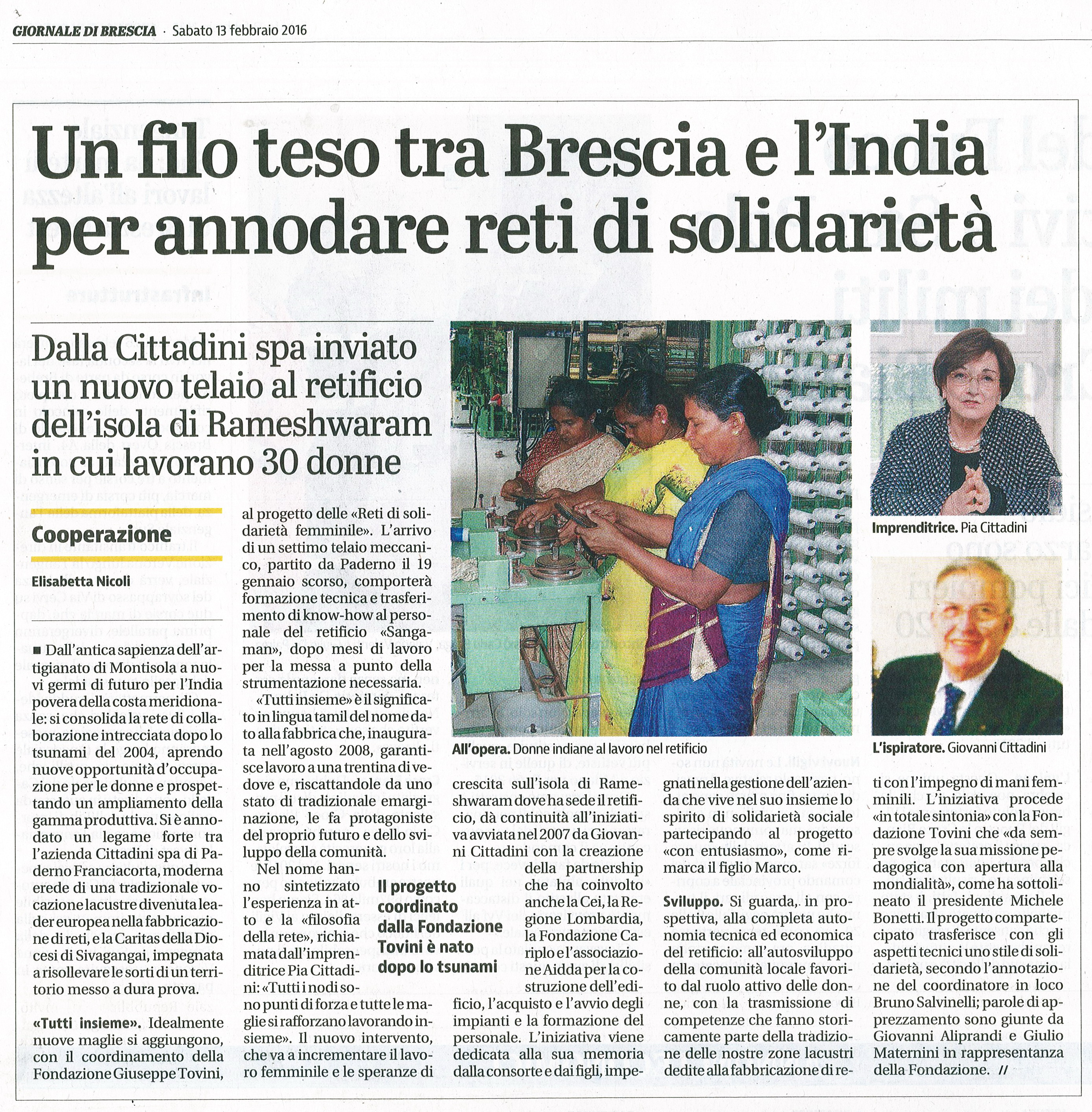 Articolo sul Giornale di Brescia -“Rete di solidarietà femminile"
