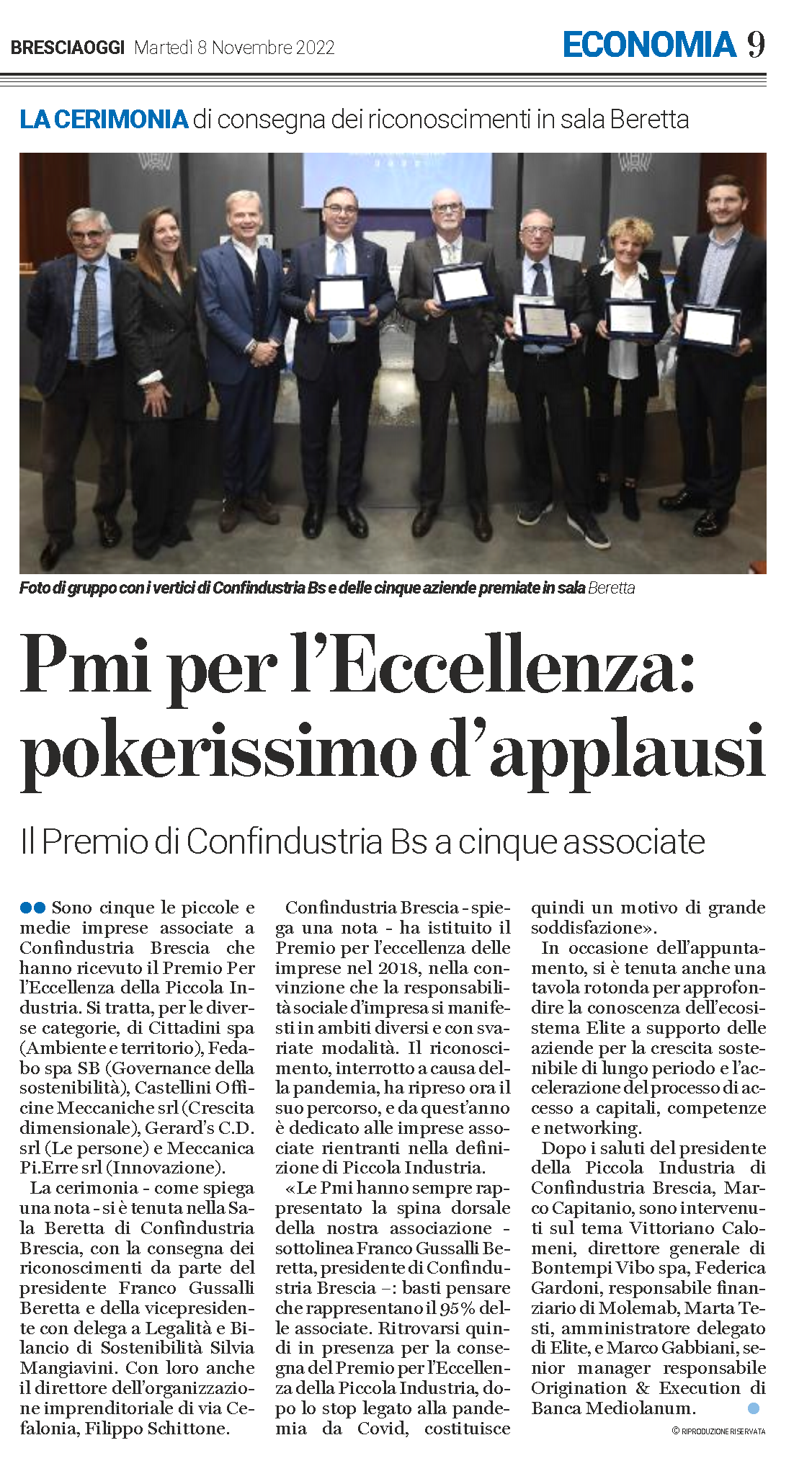 Bresciaoggi - articolo Premio Eccellenza PMI 2022