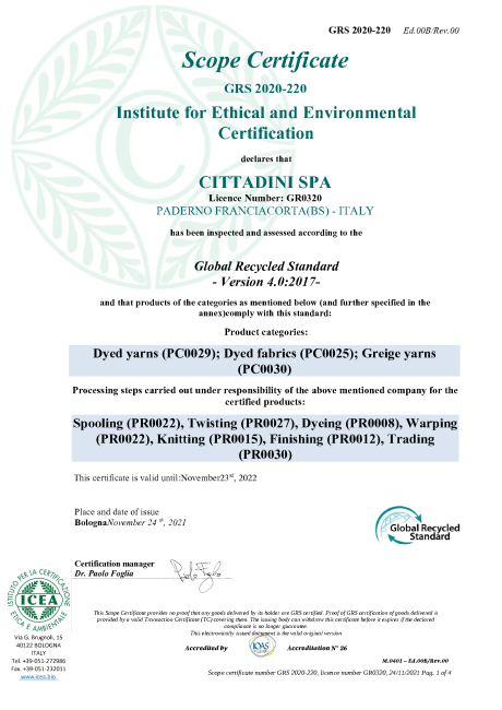 Certificato GRS 4.0 